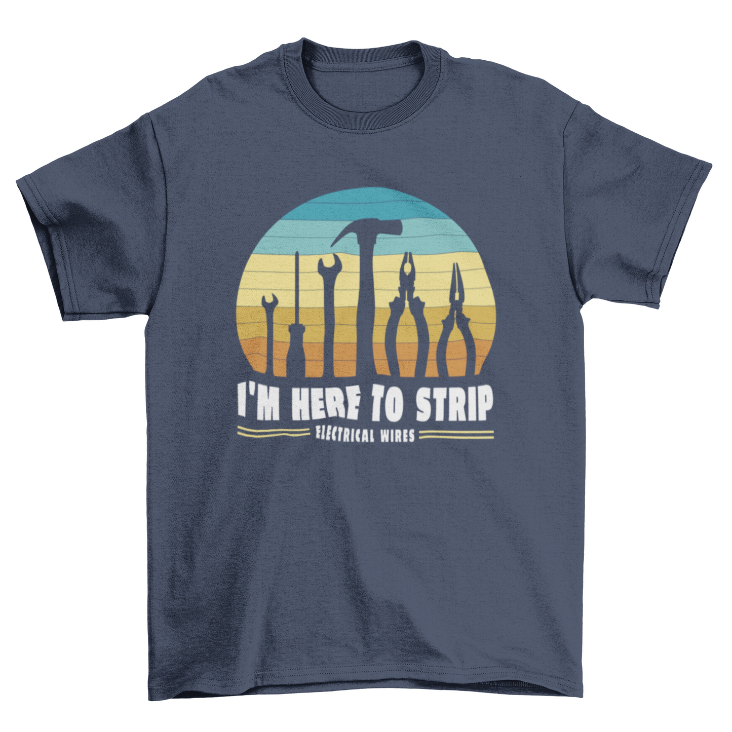 Electrician Tools Retro Sunset T-Shirt – "I’m Here to Strip Electrical Wires" Design