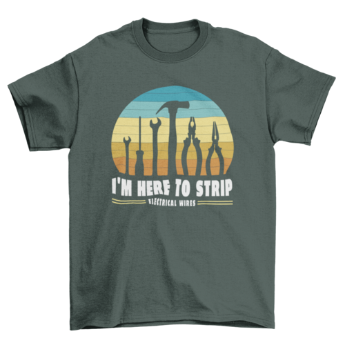 Electrician Tools Retro Sunset T-Shirt – "I’m Here to Strip Electrical Wires" Design