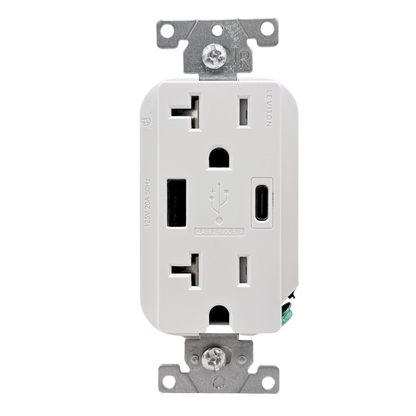 Leviton T5833-W 20A USB Type-A and Type-C charger outlet, front