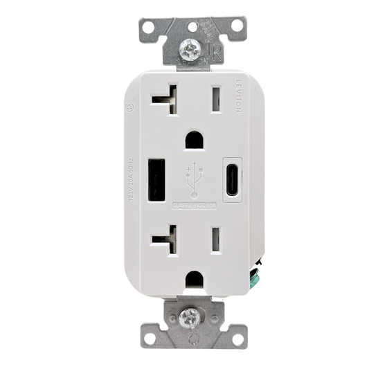 Leviton T5833-W 20A USB Type-A and Type-C charger outlet, front