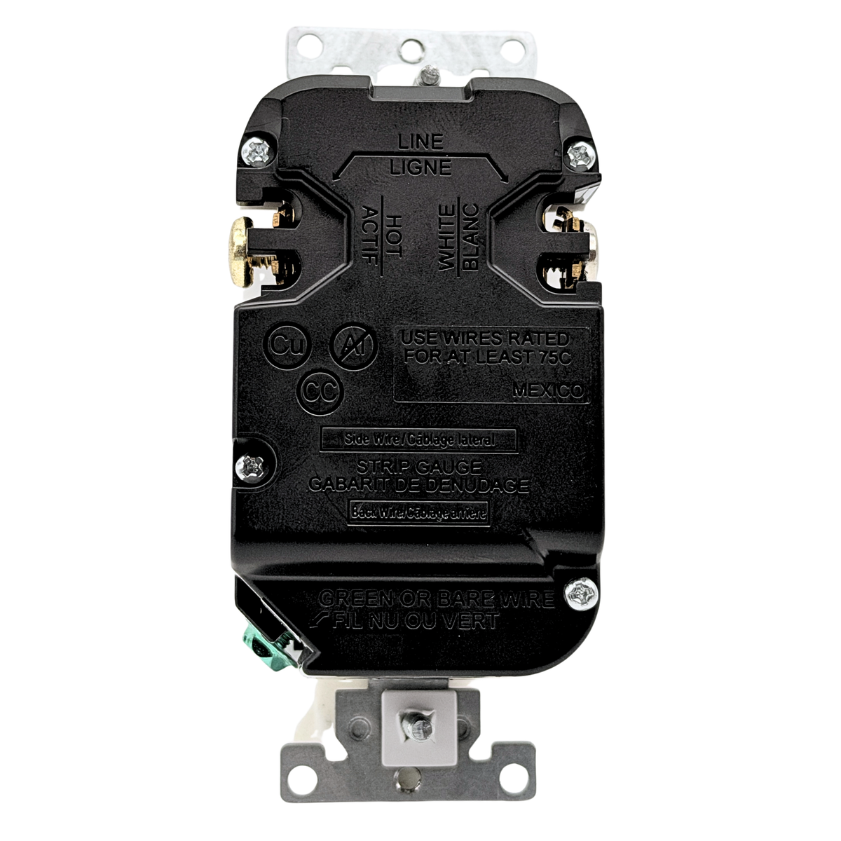Leviton T5833-W back view, copper wire only, side and back wiring