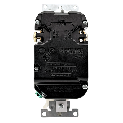 Leviton T5833-W back view, copper wire only, side and back wiring