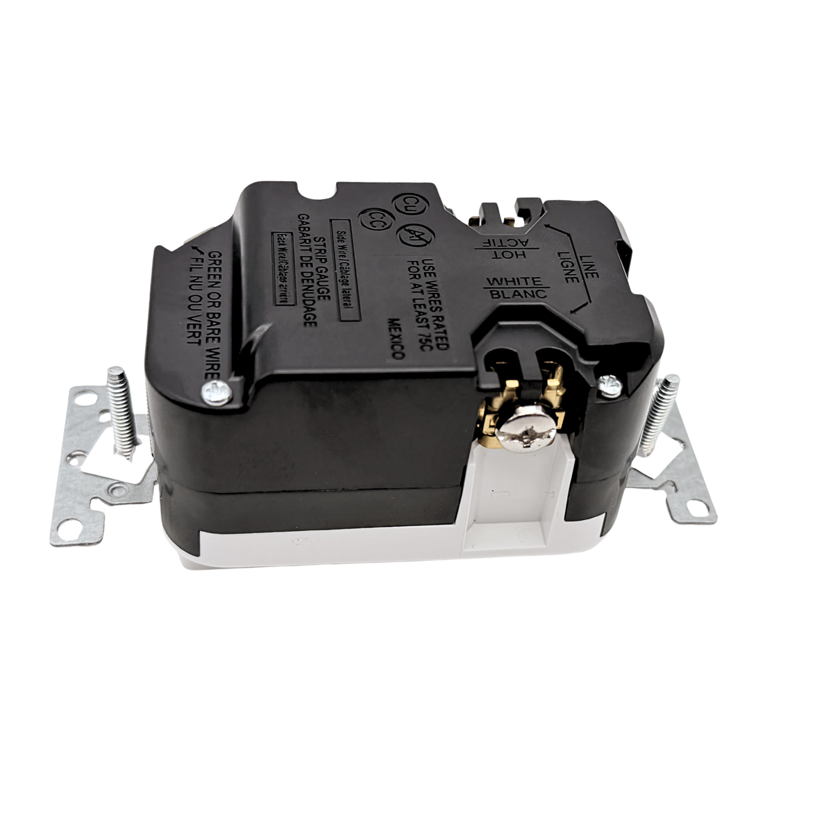 Leviton T5833-W side view, line terminals