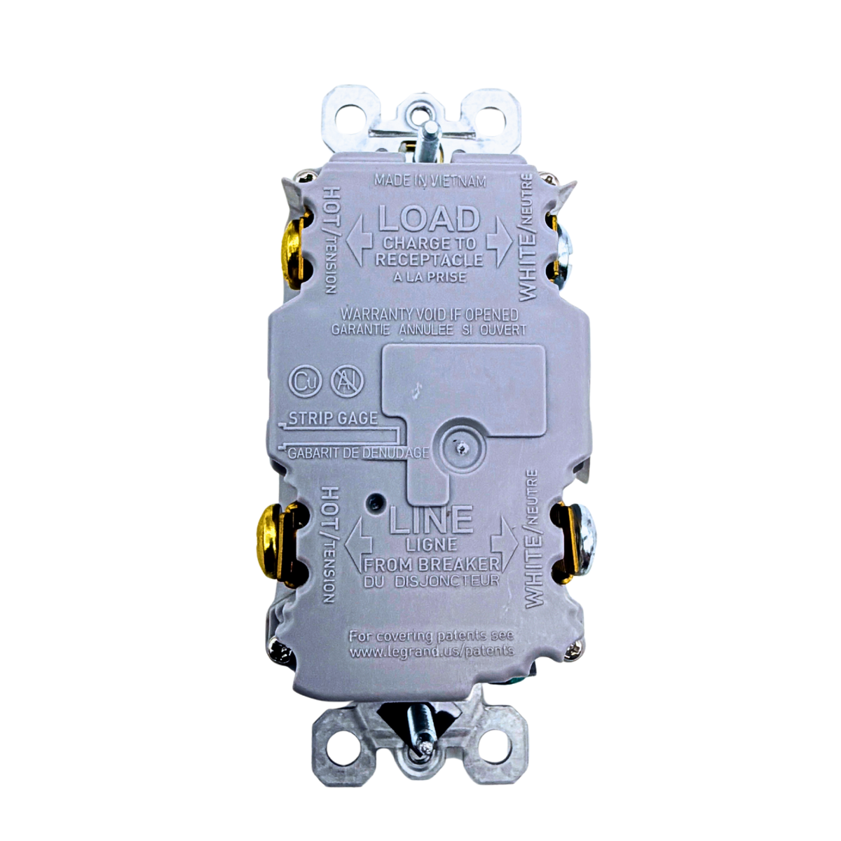 Pass & Seymour 1597TRW GFCI back view with LINE and LOAD terminals