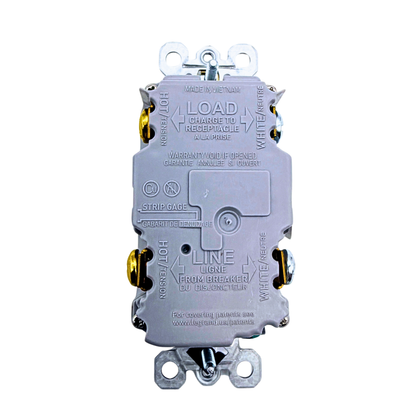 Pass & Seymour 1597TRW GFCI back view with LINE and LOAD terminals