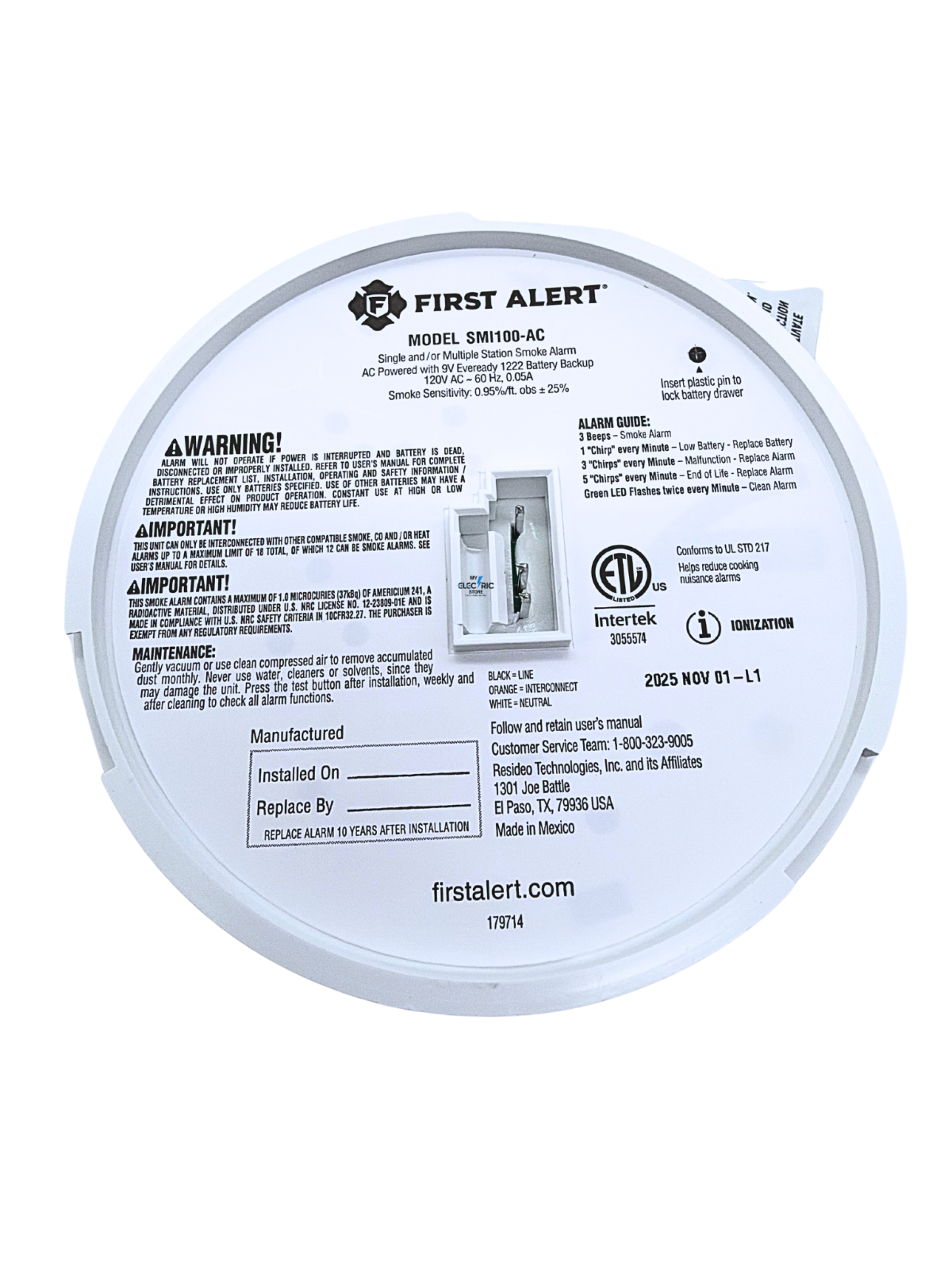 First Alert SMI100-AC  Smoke Detector & Alarm, AC Powered  Battery Backup-BRK1