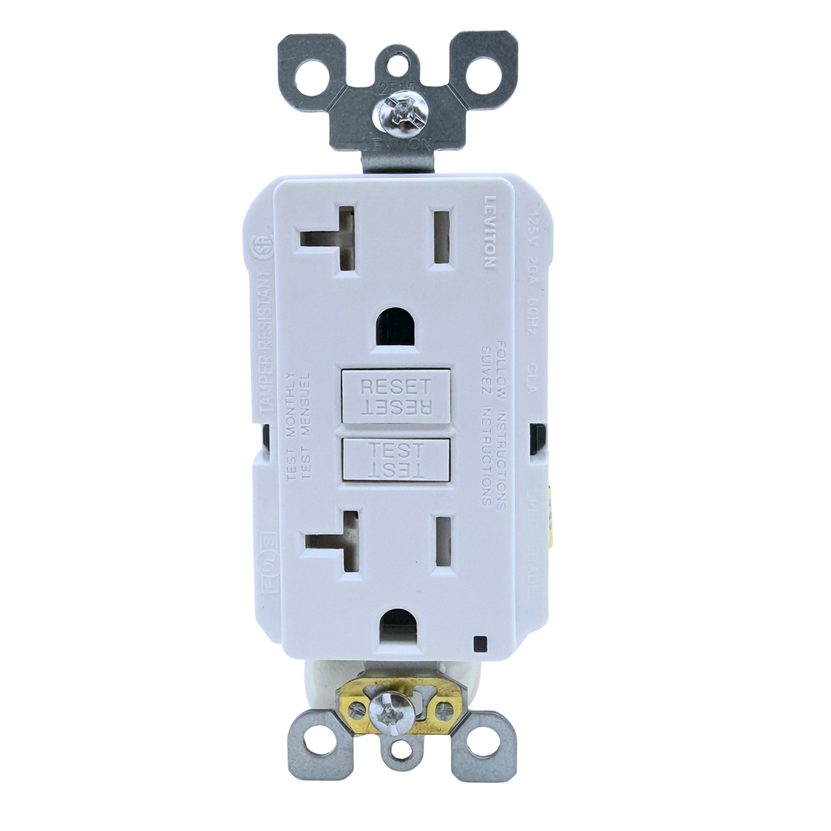 Leviton GFTR2-W 20A self-test slim GFCI outlet, tamper resistant, white, front view