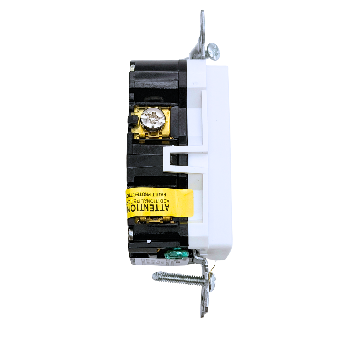 Leviton GFTR2-W slim GFCI outlet, side view showing reduced depth