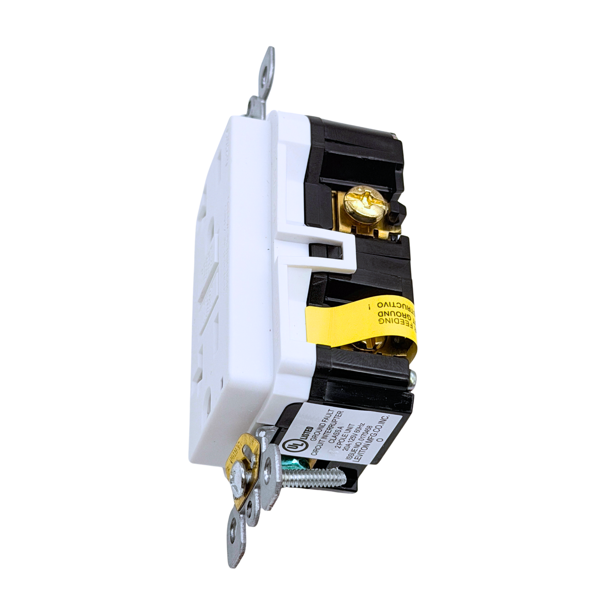 Leviton GFTR2-W 20A GFCI outlet, back view with line and load terminals