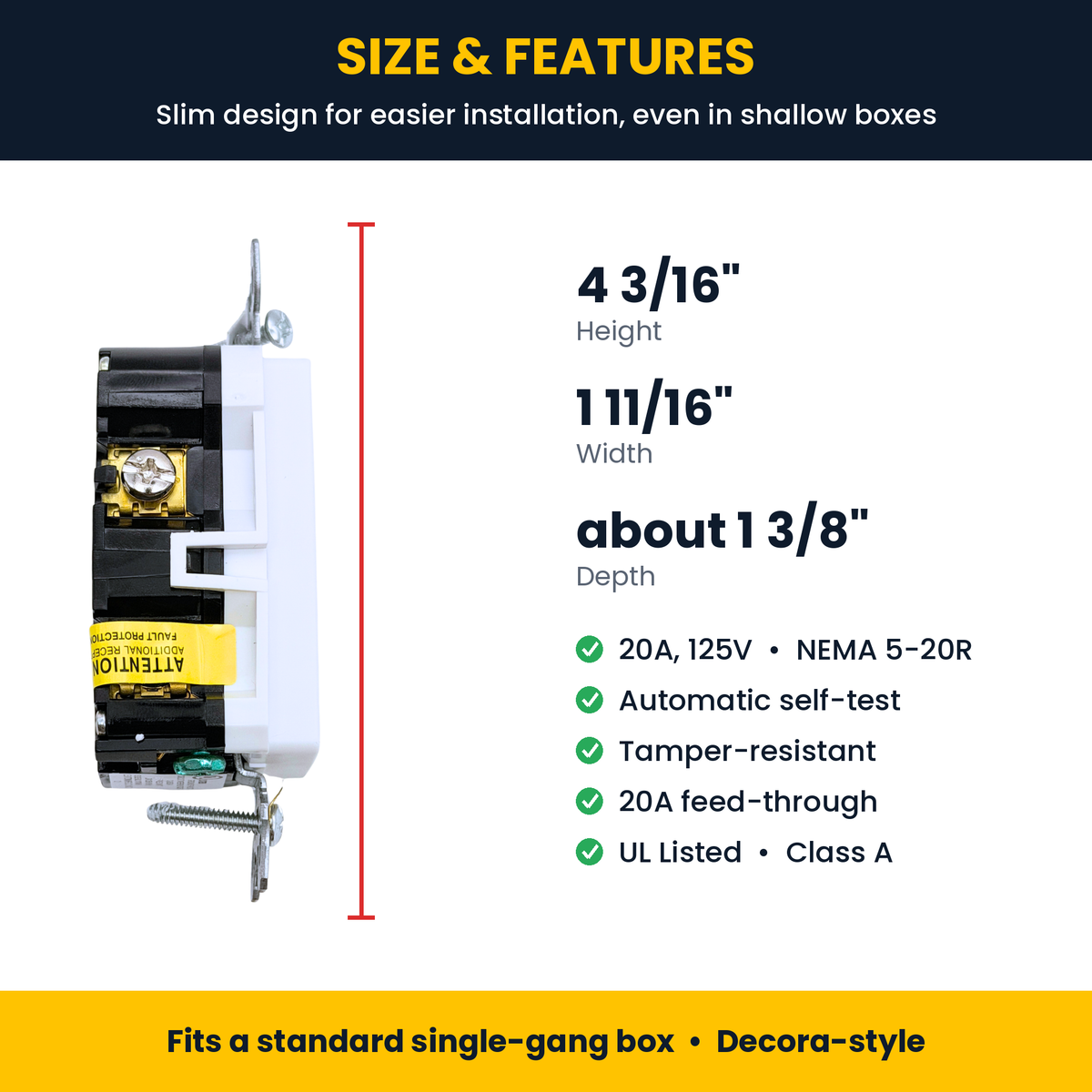 Leviton GFTR2-W size and features: slim 20A self-test tamper-resistant GFCI