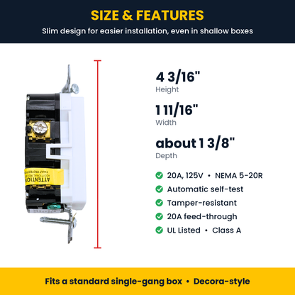 Leviton GFTR2-W size and features: slim 20A self-test tamper-resistant GFCI