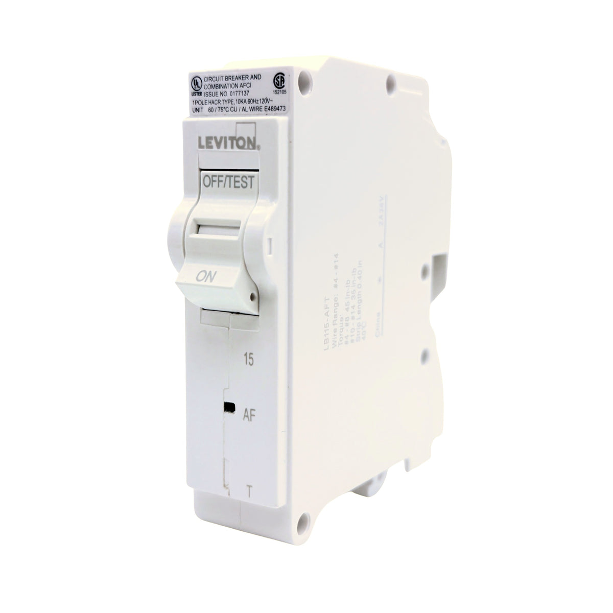 Leviton LB115-AFT 15A 1-pole AFCI plug-on circuit breaker, front angle view