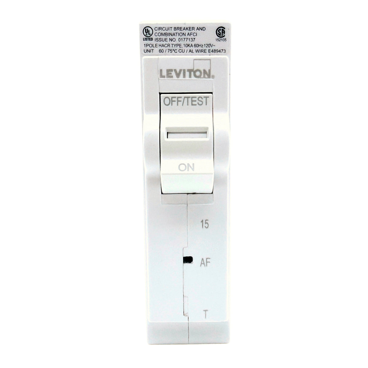 Leviton LB115-AFT 15A 1-pole AFCI plug-on circuit breaker, front view