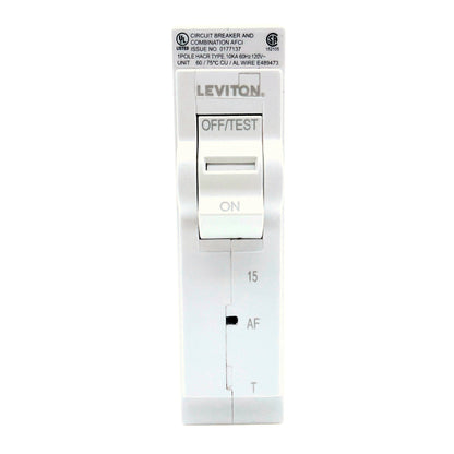 Leviton LB115-AFT 15A 1-pole AFCI plug-on circuit breaker, front view