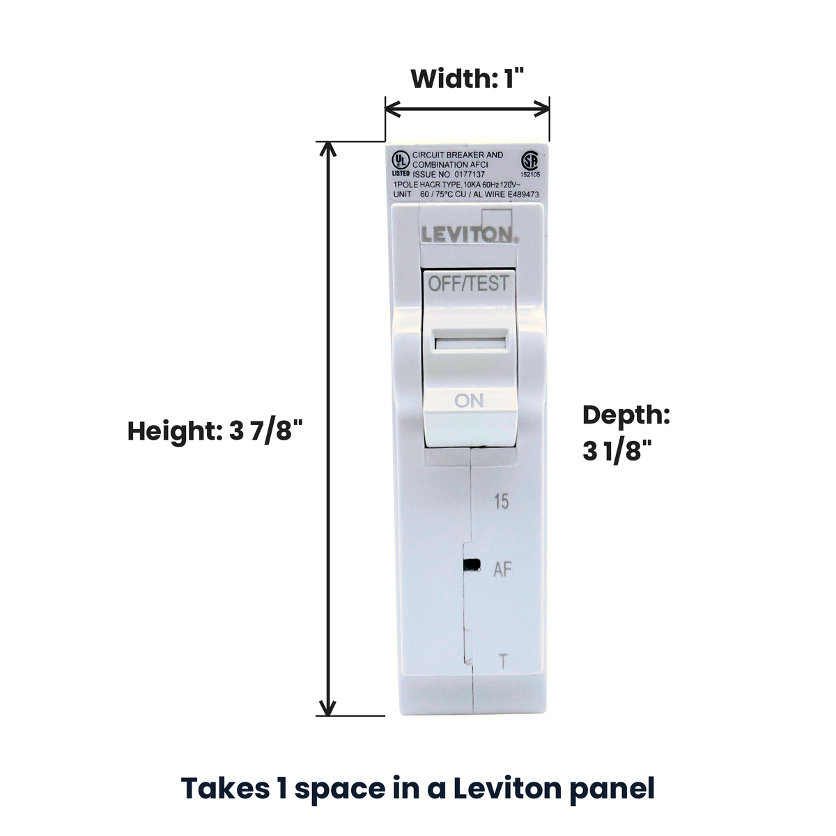 Leviton LB115-AFT dimensions: 1 in wide, 3 7/8 in tall, 3 1/8 in deep