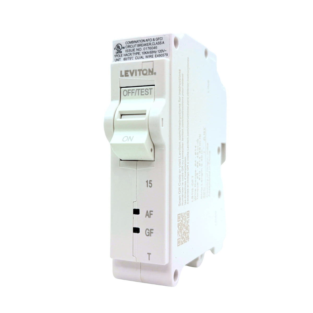 Leviton LB115-DFT 15A 1-pole dual function AFCI/GFCI plug-on circuit breaker, front angle view