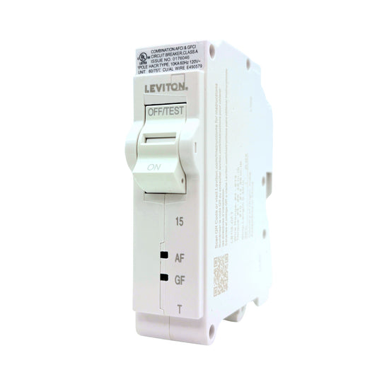 Leviton LB115-DFT 15A 1-pole dual function AFCI/GFCI plug-on circuit breaker, front angle view