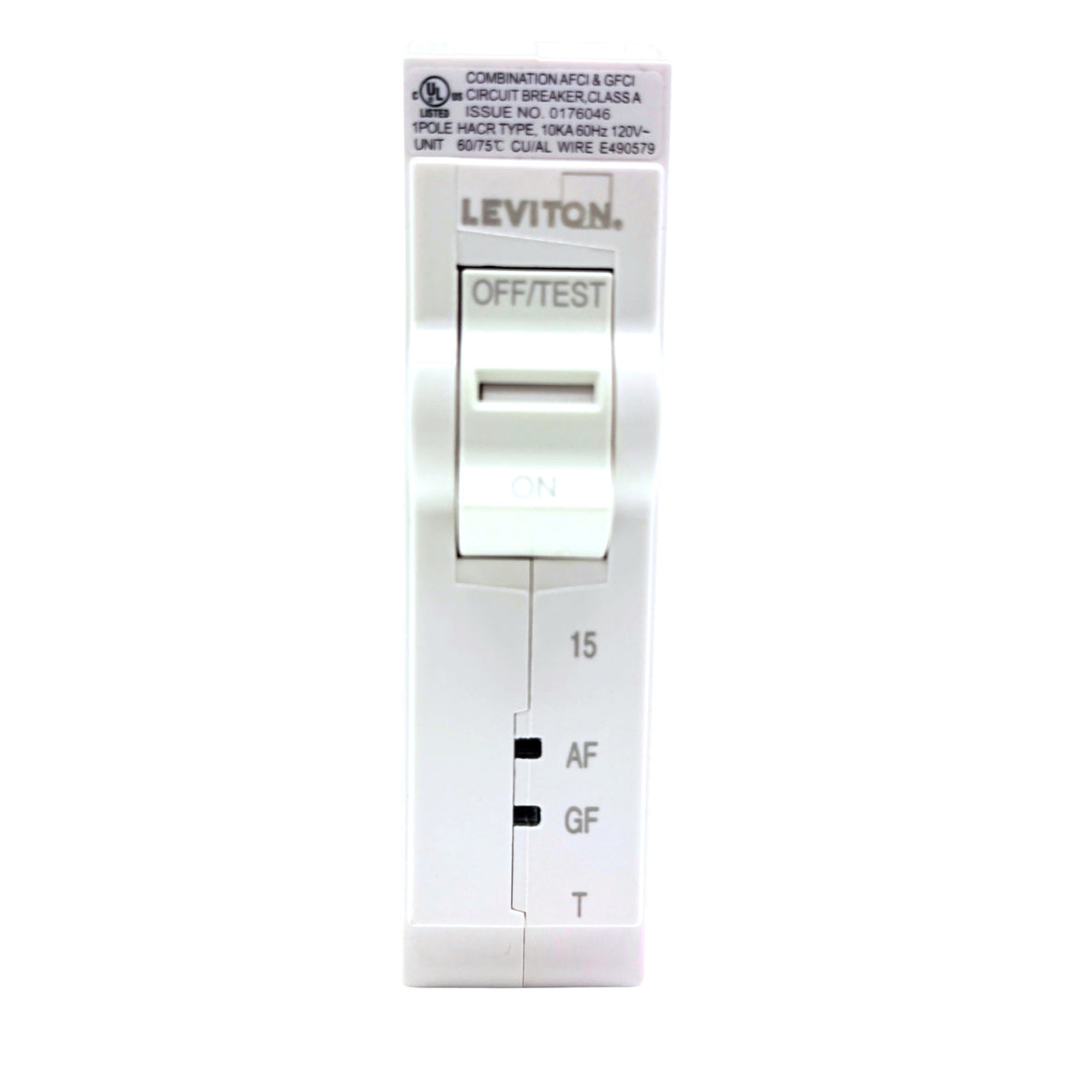 Leviton LB115-DFT 15A 1-pole dual function AFCI/GFCI plug-on circuit breaker, front view