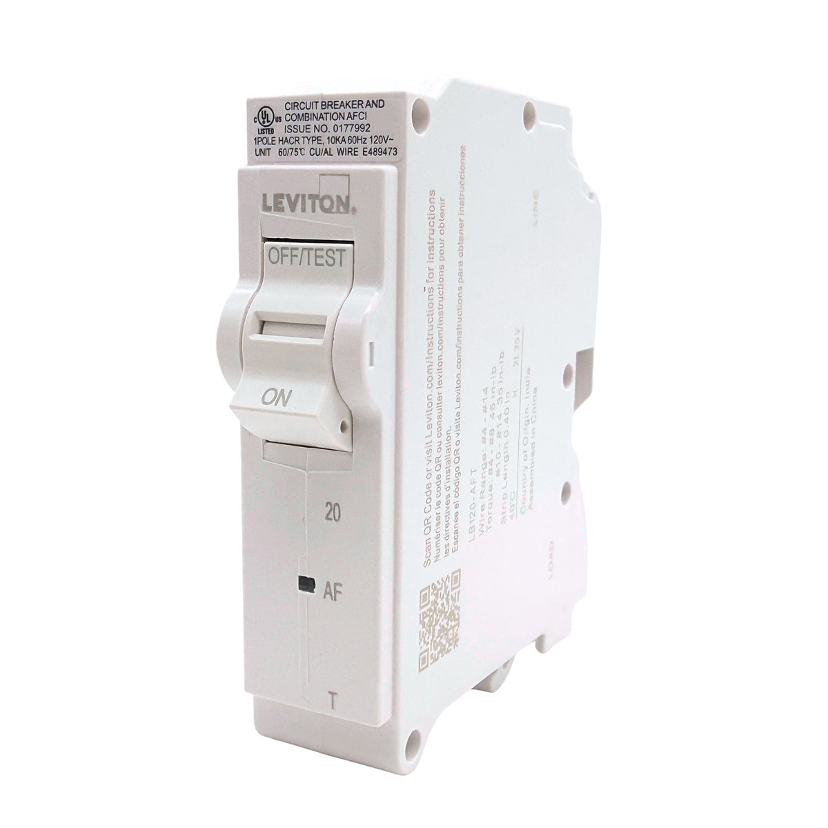 Leviton LB120-AFT 20A 1-pole AFCI plug-on circuit breaker, front angle view