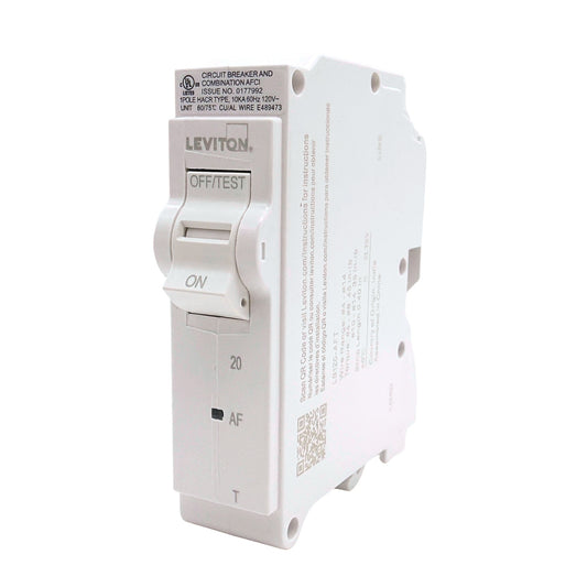 Leviton LB120-AFT 20A 1-pole AFCI plug-on circuit breaker, front angle view