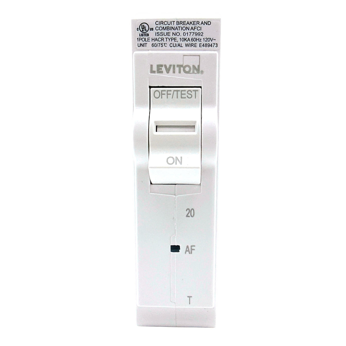 Leviton LB120-AFT 20A 1-pole AFCI plug-on circuit breaker, front view