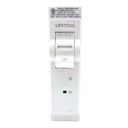 Leviton LB120-AFT 20A 1-pole AFCI plug-on circuit breaker, front view