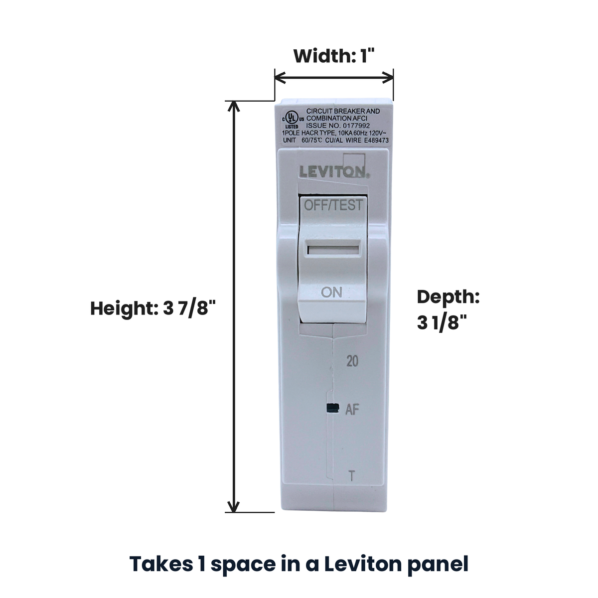 Leviton LB120-AFT dimensions: 1 in wide, 3 7/8 in tall, 3 1/8 in deep