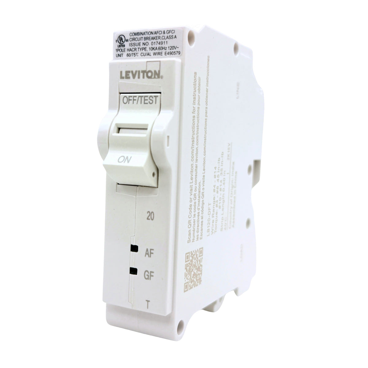 Leviton LB120-DFT 20A 1-pole dual function AFCI/GFCI plug-on circuit breaker, front angle view