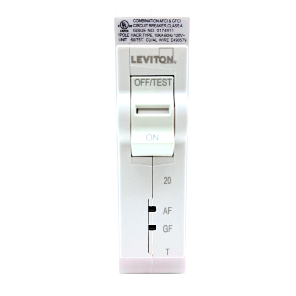 Leviton LB120-DFT 20A 1-pole dual function AFCI/GFCI plug-on circuit breaker, front view