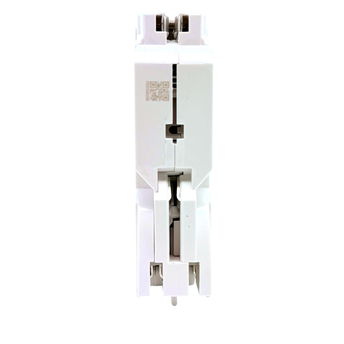 Leviton LB120-DFT 20A 1-pole dual function AFCI/GFCI plug-on circuit breaker, back view showing plug-on clips