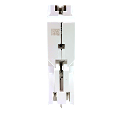 Leviton LB120-DFT 20A 1-pole dual function AFCI/GFCI plug-on circuit breaker, back view showing plug-on clips