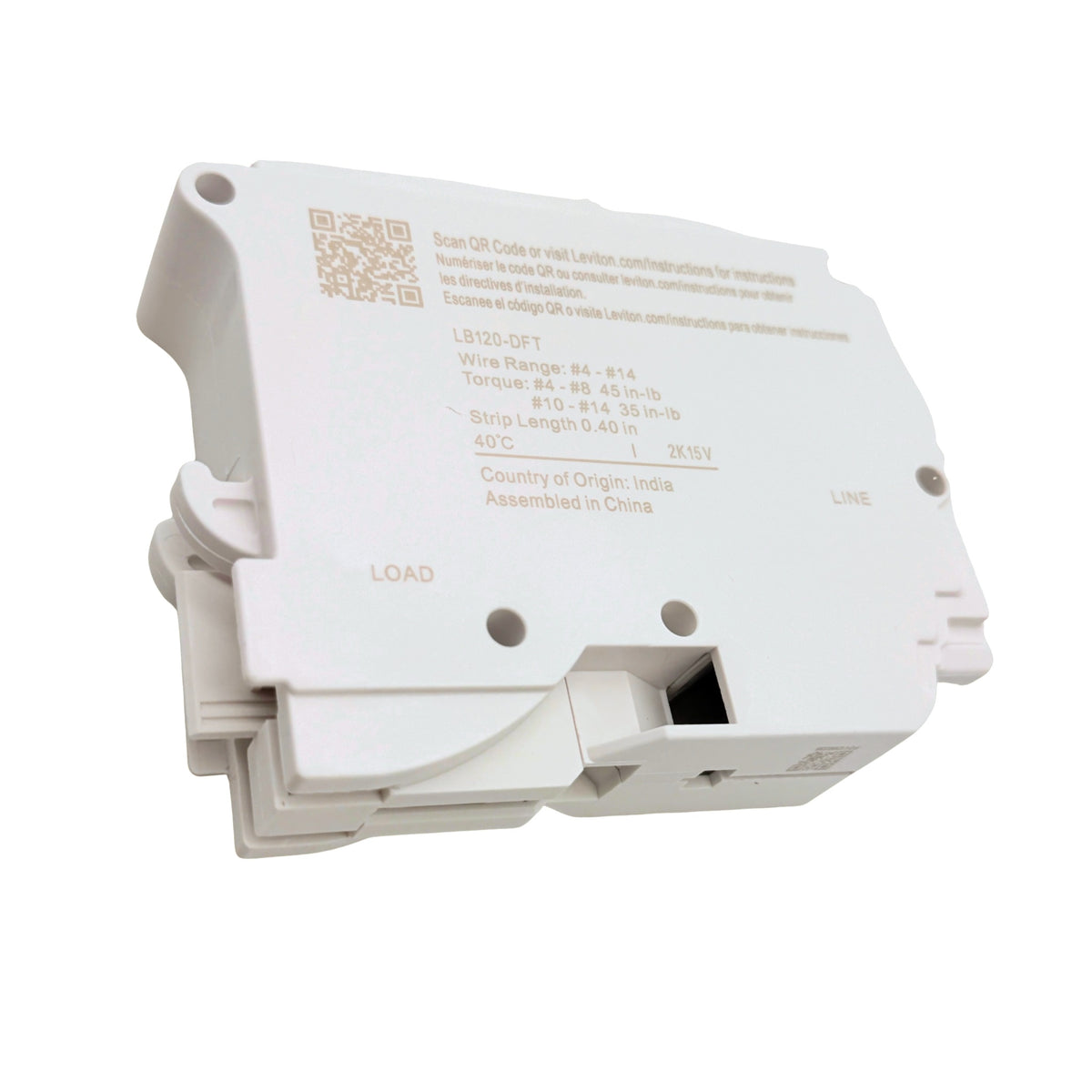 Leviton LB120-DFT 20A 1-pole dual function AFCI/GFCI plug-on circuit breaker, side view
