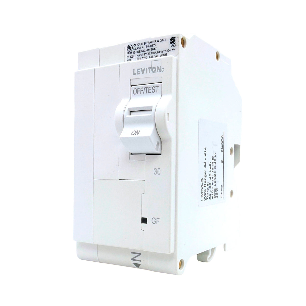Leviton LB230-G 30A 2-pole GFCI plug-on circuit breaker, front angle view