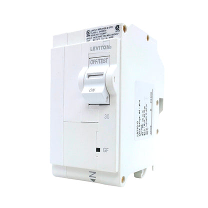 Leviton LB230-G 30A 2-pole GFCI plug-on circuit breaker, front angle view