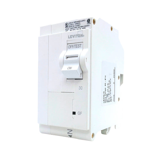 Leviton LB230-G 30A 2-pole GFCI plug-on circuit breaker, front angle view