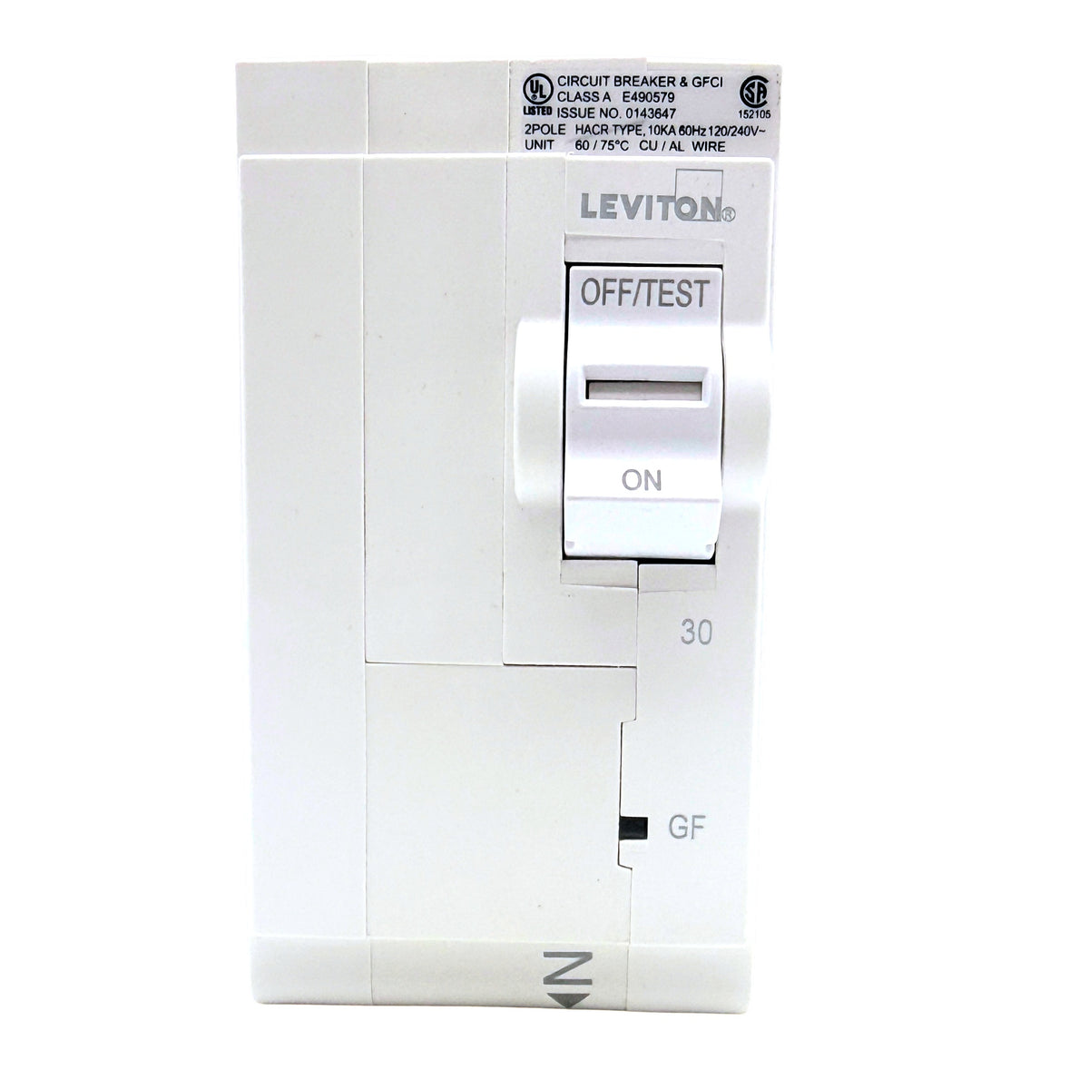 Leviton LB230-G 30A 2-pole GFCI plug-on circuit breaker, front view
