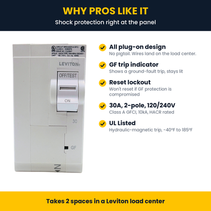 Leviton LB230-G features: all plug-on, GF trip indicator, reset lockout, 30A 2-pole 120/240V