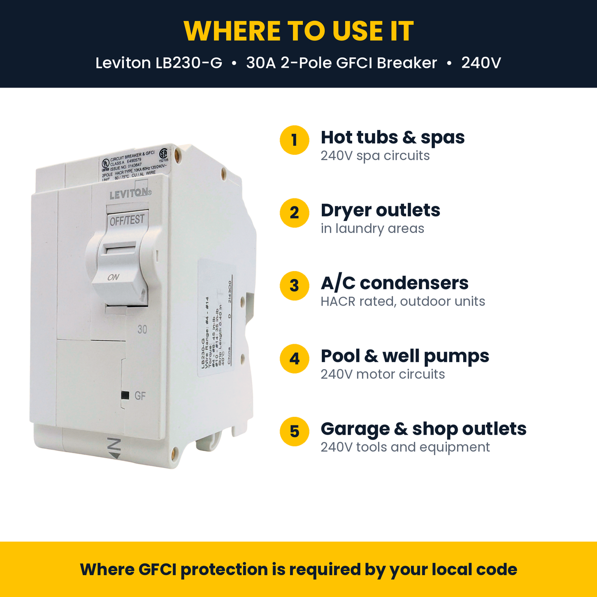 Where to use the Leviton LB230-G 30A 2-pole GFCI breaker: hot tubs, dryers, A/C condensers, pumps, garage outlets