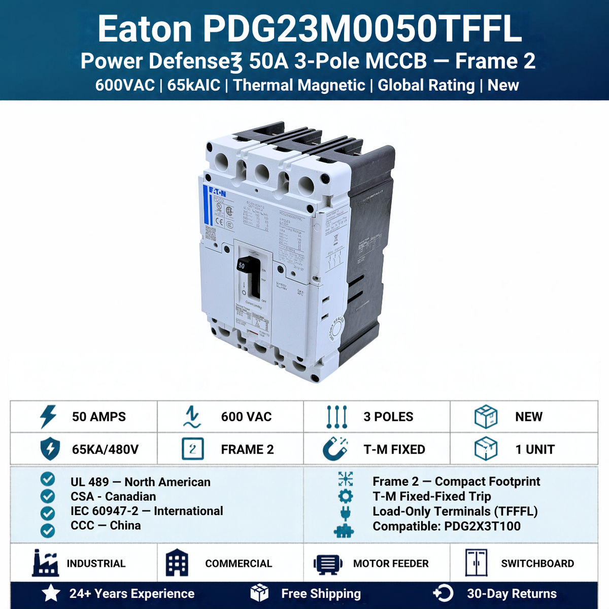 Eaton PDG23M0050TFFL Power Defense 50A 3-pole MCCB specifications