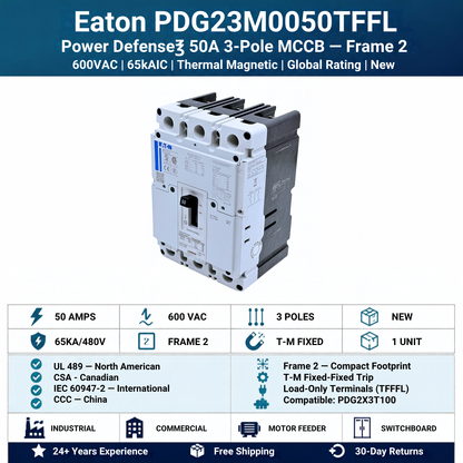 Eaton PDG23M0050TFFL Power Defense 50A 3-pole MCCB specifications